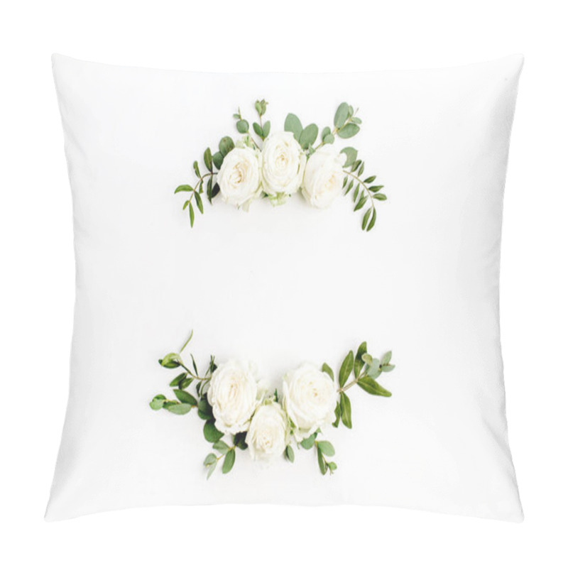 Personality  Floral Frame Wreath Of White Rose Flower Buds And Eucalyptus On White Background. Flat Lay, Top View Mockup. Pillow Covers