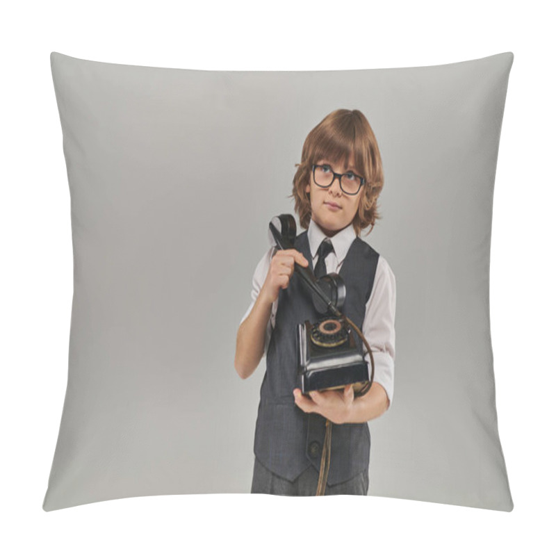 Personality  Stylish Boy In Glasses And Elegant Vest Holding Retro Telephone On Grey Background, Nostalgia Pillow Covers