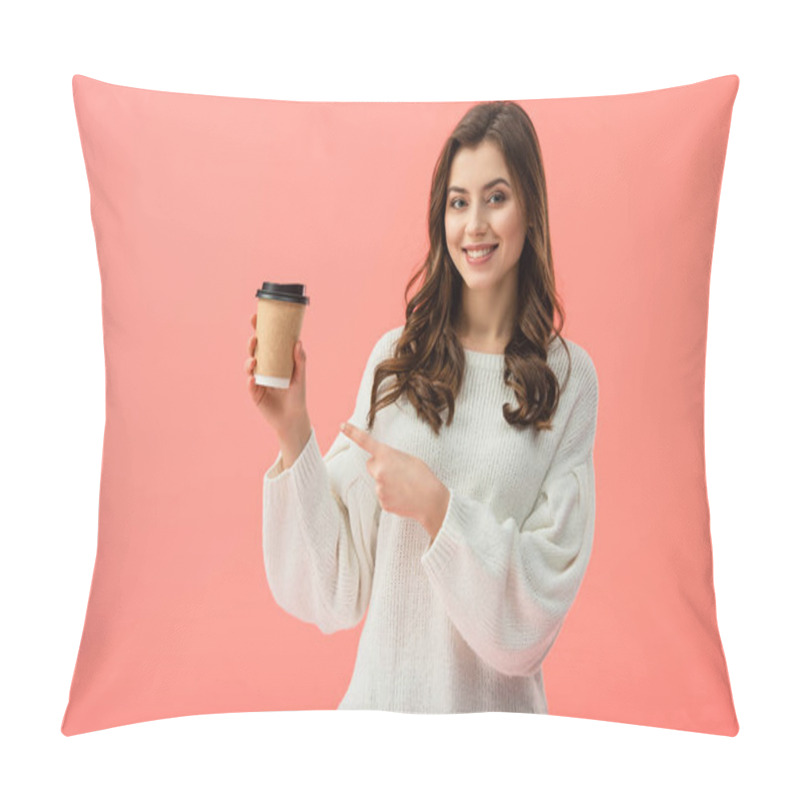 Personality  Smiling Woman In White Sweater Pointing With Finger At Disposable Cup Isolated On Pink Pillow Covers