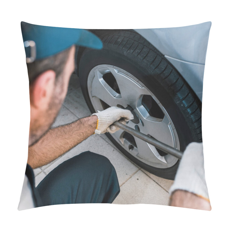 Personality  Selective Focus Of Car Mechanic Changing Car Tire In Car Service  Pillow Covers