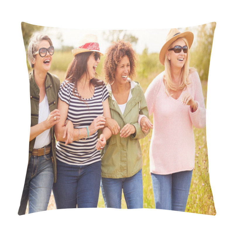 Personality  Group Of Mature Female Friends Walking Along Path Through Yurt Campsite Pillow Covers