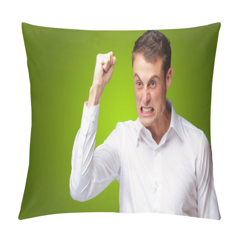 Personality  Portrait Of Angry Young Man Clenching His Fist Pillow Covers