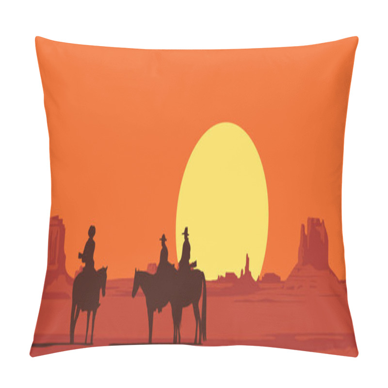 Personality  Vector Landscape With Wild American Prairies And Silhouettes Of Armed Cowboys On Horseback At Sunset Or Dawn. Western Vintage Background. Decorative Illustration On The Theme Of The Wild West. Pillow Covers