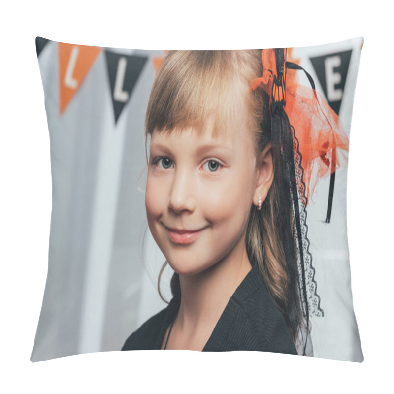 Personality  Portrait Of Adorable Smiling Kid Looking At Camera Wit Halloween Flags Hanging Behind At Home Pillow Covers