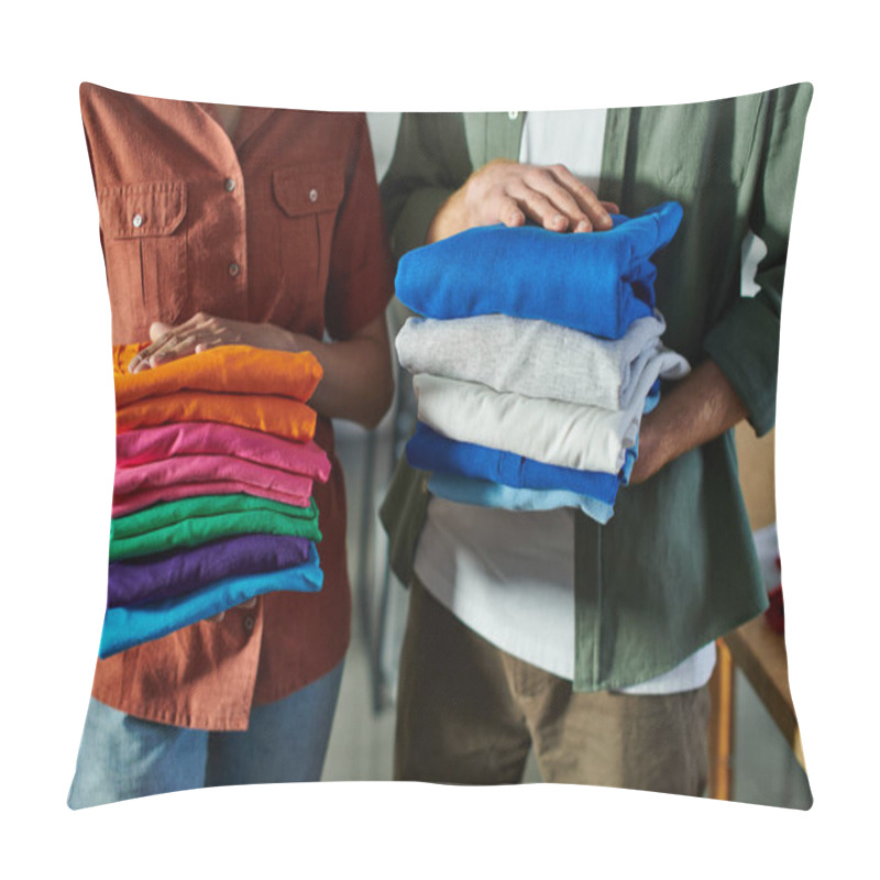 Personality  Cropped View Of Young Interracial Craftspeople Holding Clothes While Standing Next To Each Other And Working In Print Studio, Ambitious Young Entrepreneurs Concept  Pillow Covers