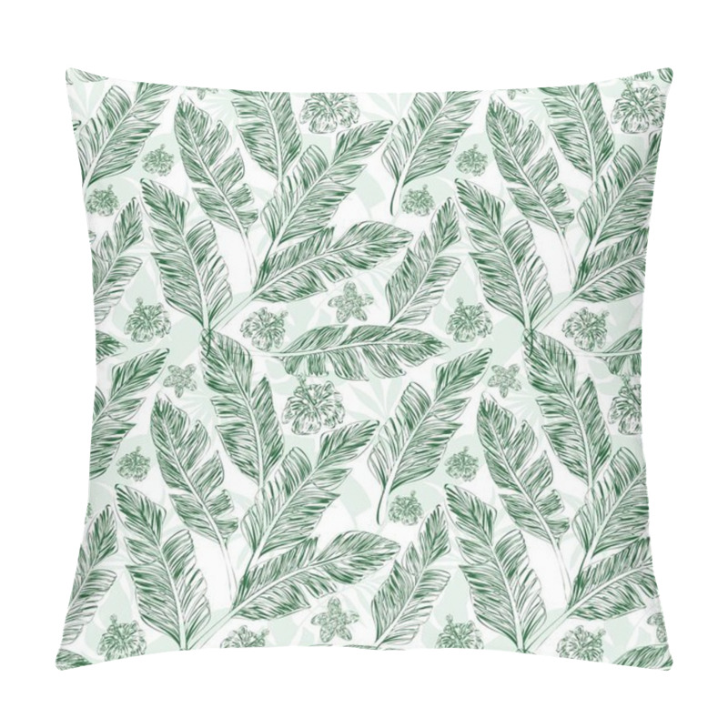 Personality  Green Palm Leaves Hibiscus Plumeria Tropical Background Seamless Pillow Covers