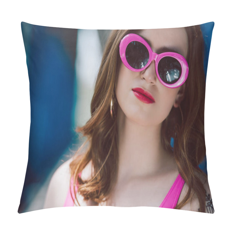 Personality  Portrait Of Young Beautiful Woman In Pink Retro Sunglasses Pillow Covers