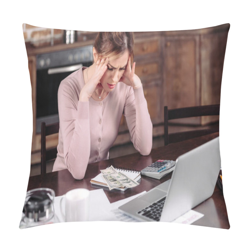 Personality  Portrait Of Frustrated Woman Sitting At Table With Money, Laptop And Papers At Home, Financial Problems Concept Pillow Covers