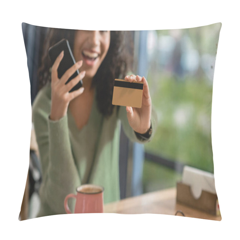 Personality  Credit Card And Smartphone In Hands Of Excited African American Woman On Blurred Background  Pillow Covers