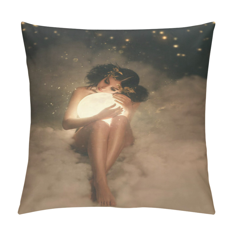 Personality  An Attractive, Naked Goddess Sits In The Clouds, Hugs The Moon. A Whimsical Hairstyle With An Unusual Decoration In The Greek Style. A Beautiful, Refined Body. Artistic Photo Pillow Covers