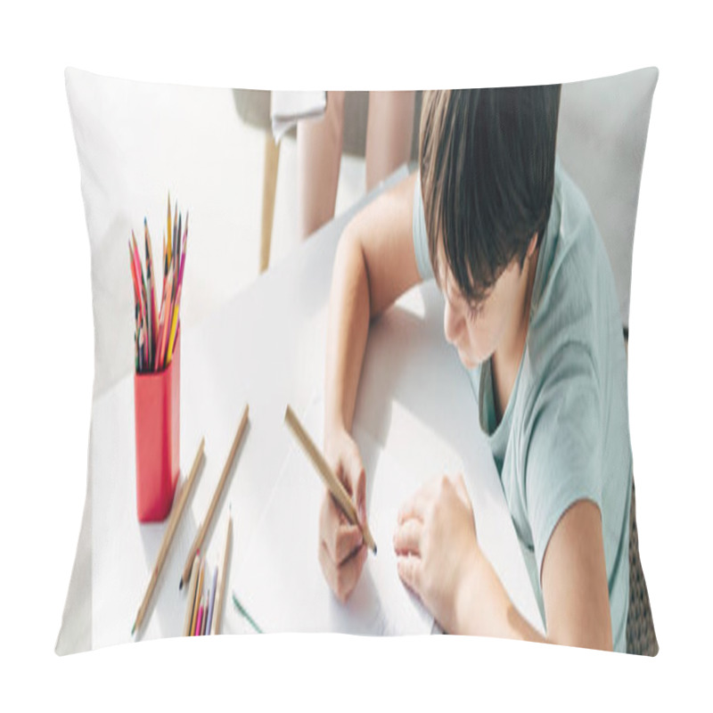 Personality  Panoramic Shot Of Kid With Dyslexia Drawing On Paper With Pencil  Pillow Covers