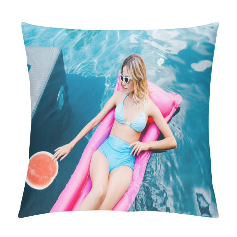 Personality  Beautiful Girl In Pin Up Swimsuit Resting On Pink Inflatable Mattress In Swimming Pool With Watermelon Pillow Covers