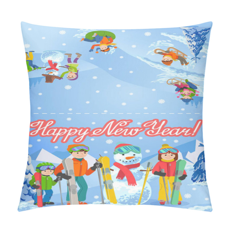 Personality  Vector Illustration Of New Year Congratulation Card With Winter Landscape Happy Family Playing Snowman, Skiing, Sleding Walking Outdoor. Pillow Covers