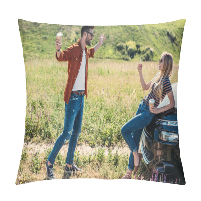 Personality  Side View Of Woman Taking Picture Of Boyfriend With Wide Arms Holding Coffee Cup Near On Rural Meadow  Pillow Covers