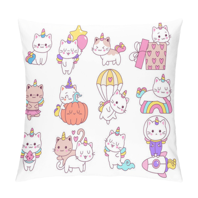 Personality  Cute Unicorn Cats Animal Fantasy Characters Girly Doodles For Birthday Party, Halloween, Baby Shower Greeting Card. Fairytale Baby Pet Happy Kitten Mascot With Single Horn Vector Illustration Pillow Covers