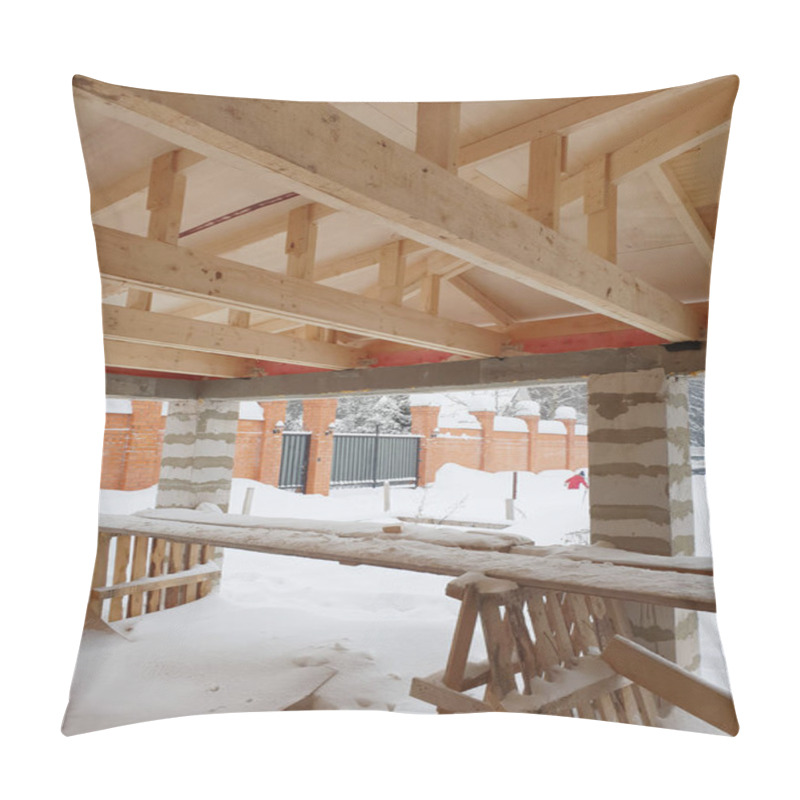 Personality  View Of Wooden Rafters When Installing Roof On Construction Of House Pillow Covers