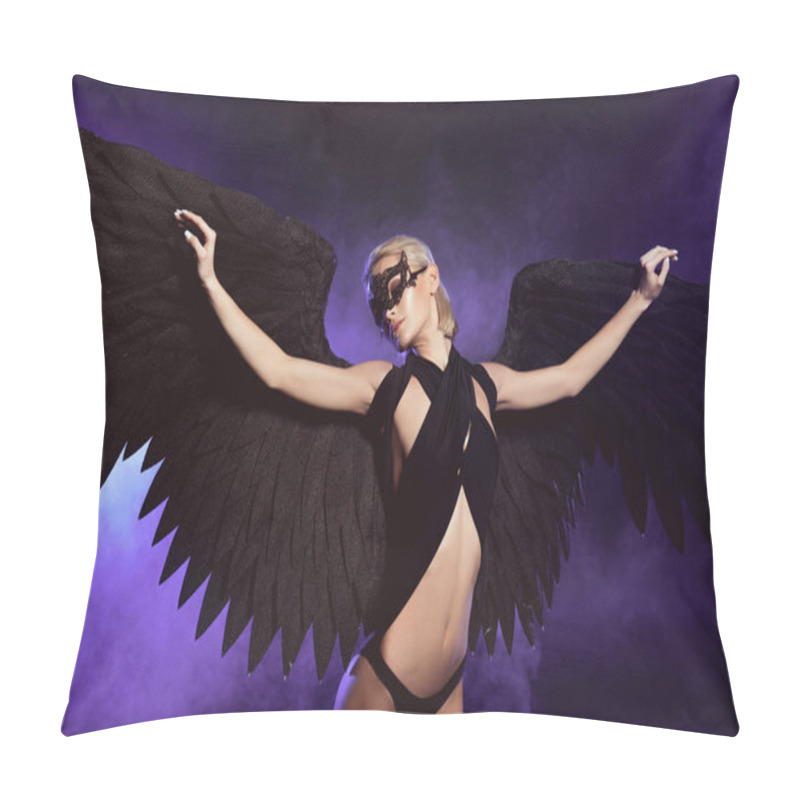 Personality  Beautiful Sexy Woman In Lace Mask And Black Angel Wings Posing With Outstretched Hands On Violet Background Pillow Covers