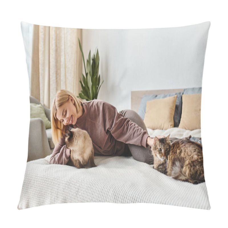 Personality  A Serene Scene Of A Woman With Short Hair Relaxing On A Bed Alongside Her Two Playful Cats. Pillow Covers