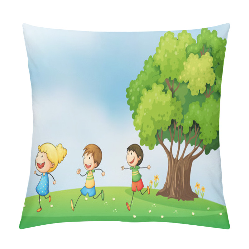 Personality  Three Energetic Kids Playing At The Hilltop With A Big Tree Pillow Covers