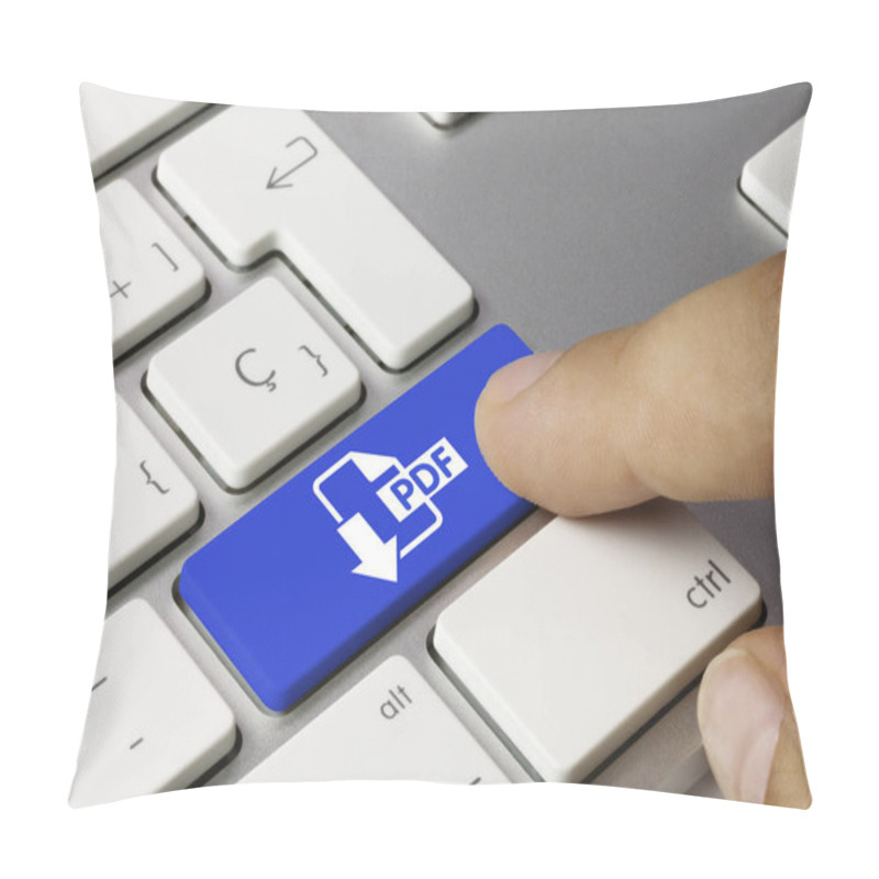 Personality  Download PDF Written On Blue Key Of Metallic Keyboard. Finger Pressing Key. Pillow Covers