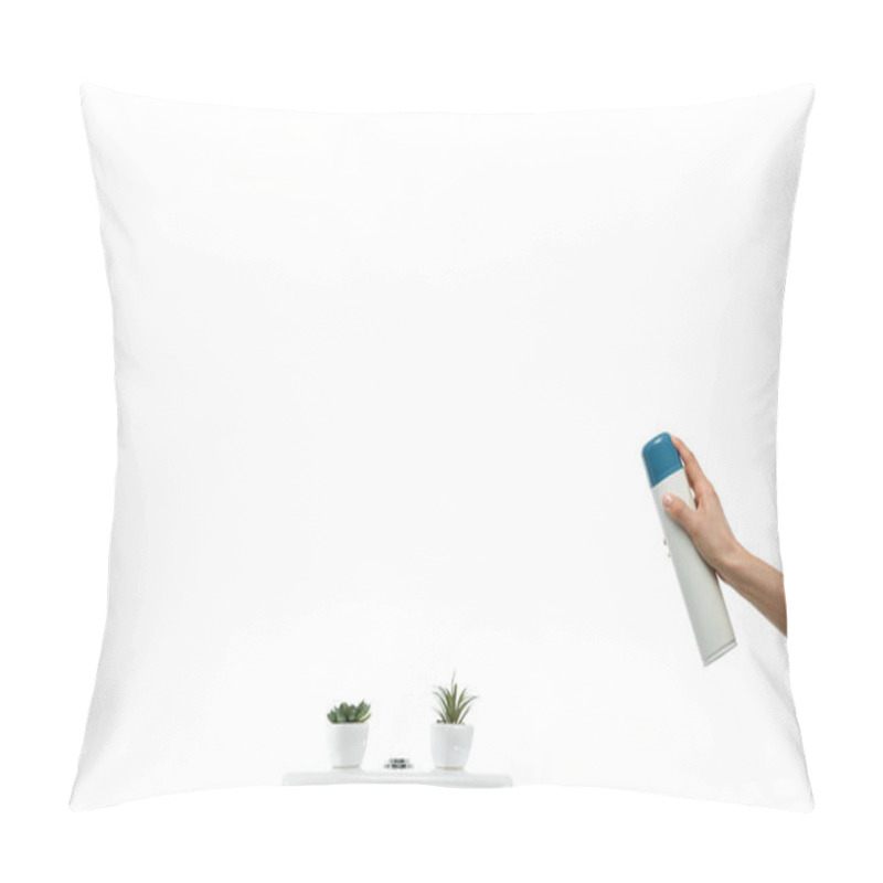 Personality  Cropped View Of Woman Spraying Air Freshener Near Ceramic Clean Toilet Bowl With Plants Isolated On White Pillow Covers