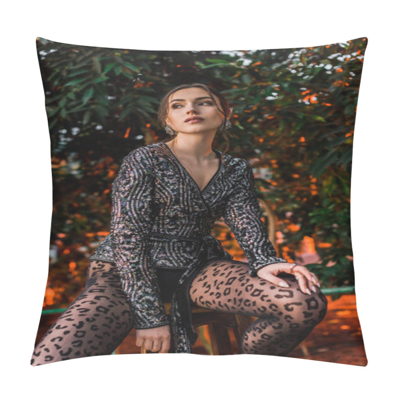 Personality  Sexy Pensive Woman In Black Pantyhose Sitting On Chair In Botanical Garden Pillow Covers