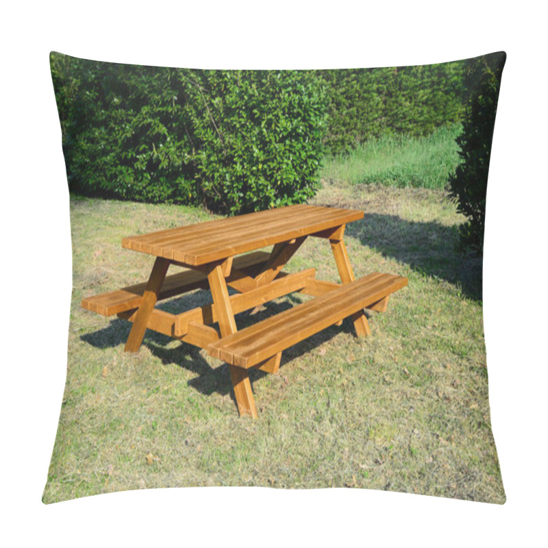 Personality  Empty Wooden Picnic Table With Benches In Park On Sunny Day Pillow Covers