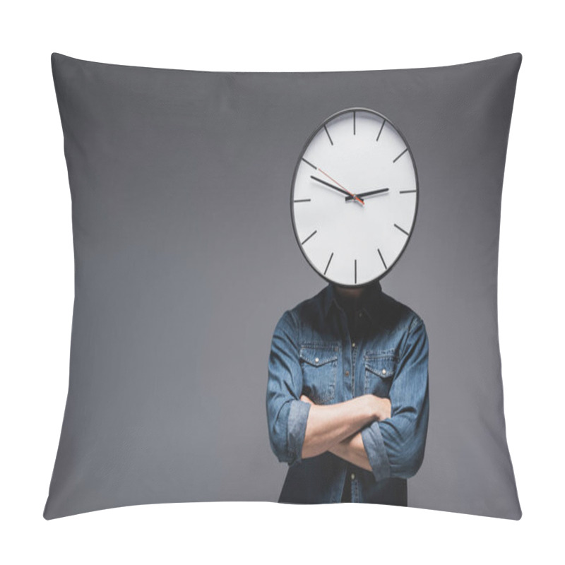 Personality  Young Man With Clock On Head And Crossed Arms On Grey Background, Concept Of Time Management  Pillow Covers