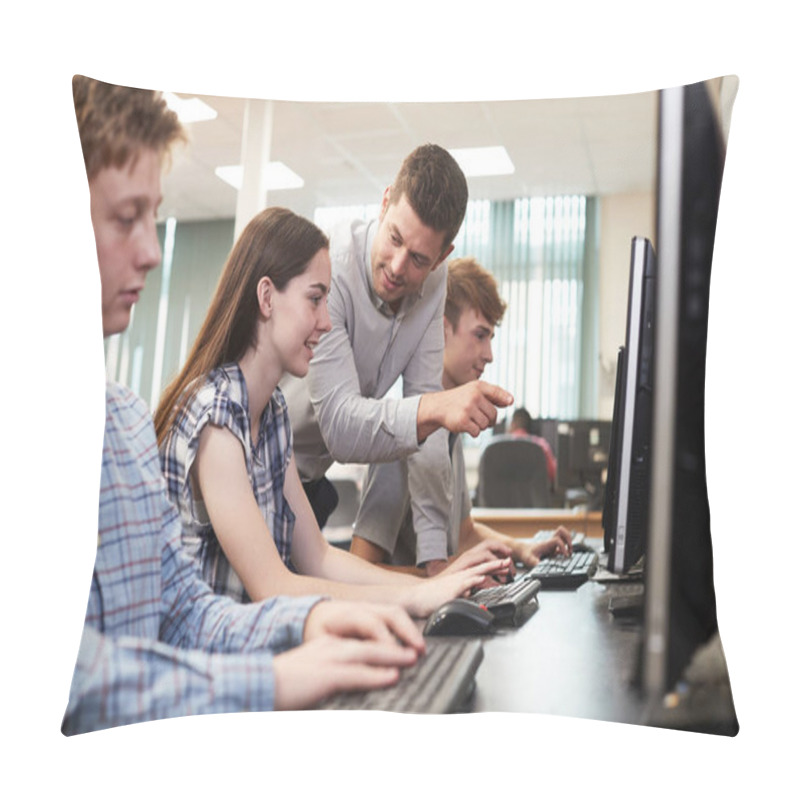 Personality  Teacher Helping Female High School Student Working In Computer Class Pillow Covers