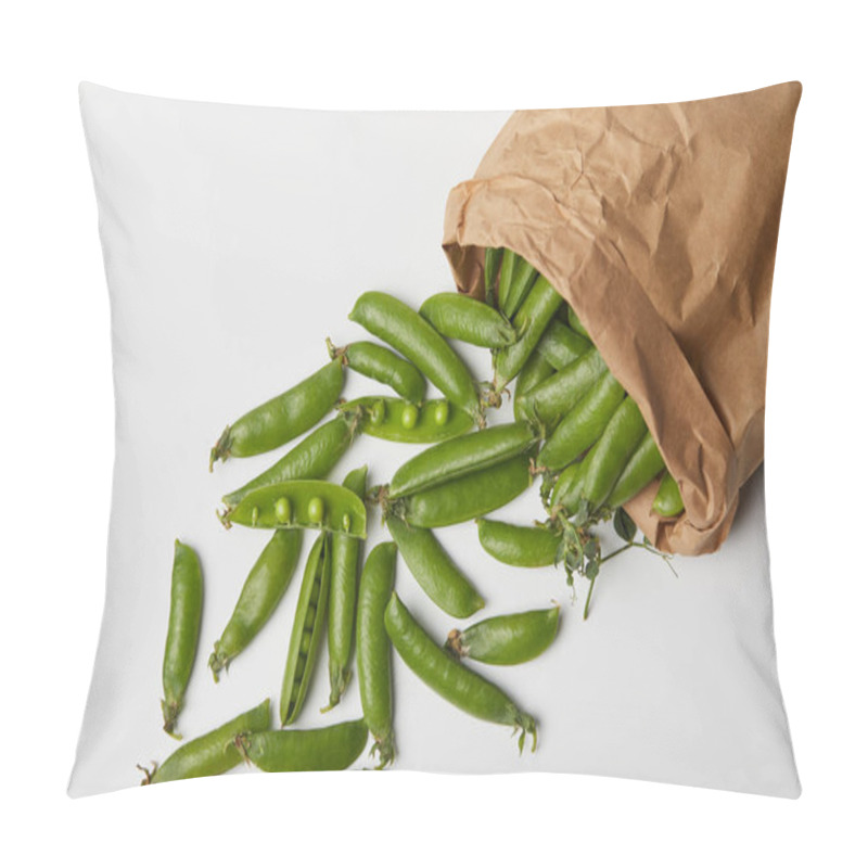 Personality  Top View Of Pea Pods Spilled From Paper Bag On White Surface Pillow Covers