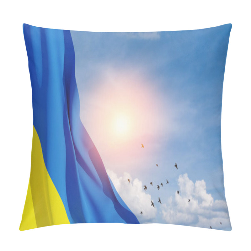 Personality  Ukraine Flag On The Blue Sky With The Sun And Flying Birds. Close Up Waving Flag Of Ukraine With Place For Your Text. Flag Symbols Of Ukraine. 3d Rendering. Pillow Covers