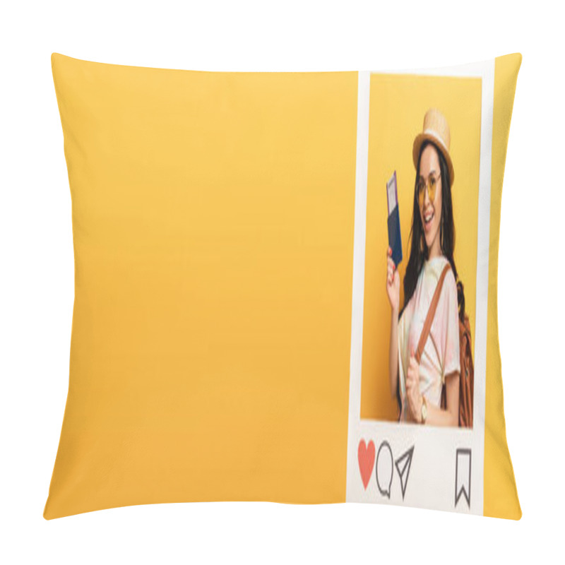 Personality  Happy Brunette Girl In Summer Outfit Holding Air Ticket In Social Network Frame On Yellow Background, Panoramic Shot Pillow Covers