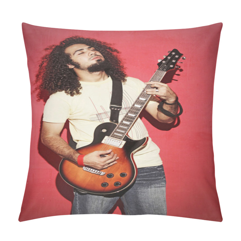 Personality  Passionate Guitarist With Beautiful Long Curly Hair Playing Guit Pillow Covers