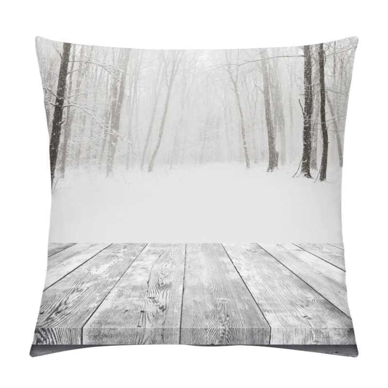 Personality  Wooden Table Over Winter Snow Covered Forest. Beauty Nature Background Pillow Covers