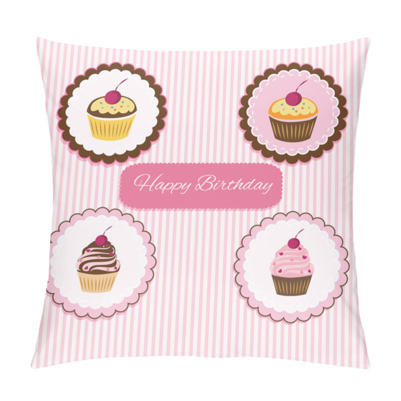 Personality  Happy Birthday Cupcake Card. Vector Pillow Covers