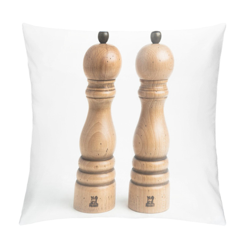 Personality  Vidalia, Georgia / USA - May 5, 2020: A Medium Size Iconic Paris Model Of The Peugeot Pepper And Salt Mill Set In Natural Wood With Metal Jewel Knob. Pillow Covers