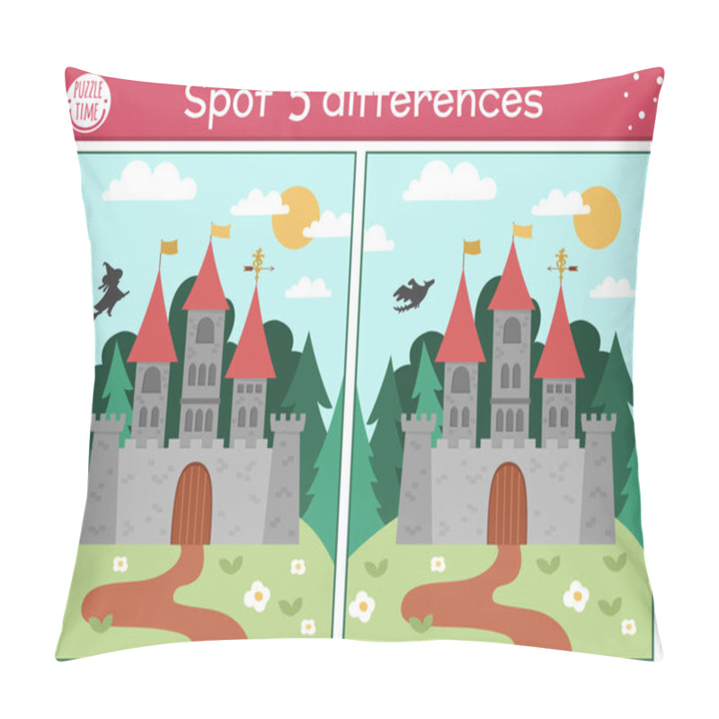 Personality  Find Differences Game For Children. Fairytale Educational Activity With Cute Castle On A Hill. Magic Kingdom Puzzle For Kids With Fantasy Character. Fairy Tale Printable Worksheet Or Pag Pillow Covers