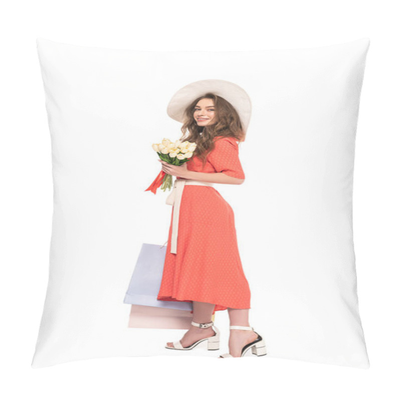 Personality  Happy Elegant Woman In Hat And Dress Holding White Tulips And Shopping Bags Isolated On White Pillow Covers