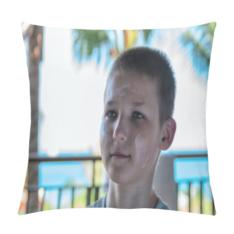 Personality  Portrait Cute Boy Apply Too Much Of Sunblock Cream. Face Is Densely Smeared With White Cream To Protect Against Sunlight Radiation. Concept Health Care In Tropical Resort. Pillow Covers