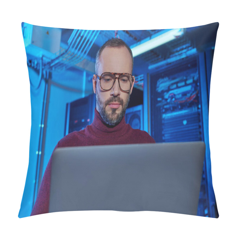 Personality  Handsome Professional With Beard And Glasses In Turtleneck Working At His Laptop, Data Center Pillow Covers