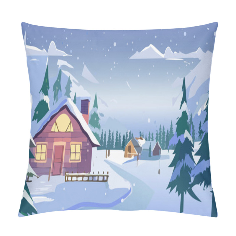 Personality  Winter Landscape With A Wooden House In The Forest. Vector Illustration. Pillow Covers