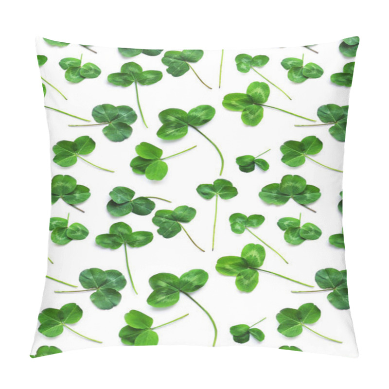 Personality  Close-up Photo Of Green Shamrock Clover Leaves Set Isolated On White Background Pillow Covers