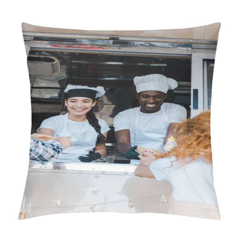 Personality  Selective Focus Of Smiling Multicultural Chefs Giving Carton Plates With Food To Customers  Pillow Covers