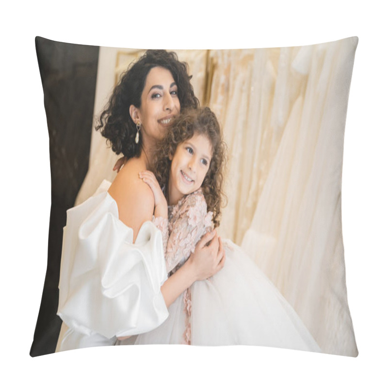 Personality  Charming Middle Eastern Bride With Brunette Hair In White Wedding Dress With Puff Sleeves And Ruffles Embracing Positive Daughter In Bridal Store, White Tulle Fabrics On Blurred Background  Pillow Covers