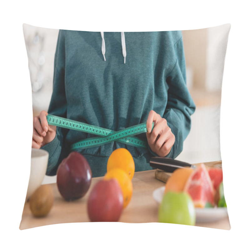 Personality  Cropped View Of Woman Measuring Waist Near Fresh Fruits On Blurred Foreground Pillow Covers