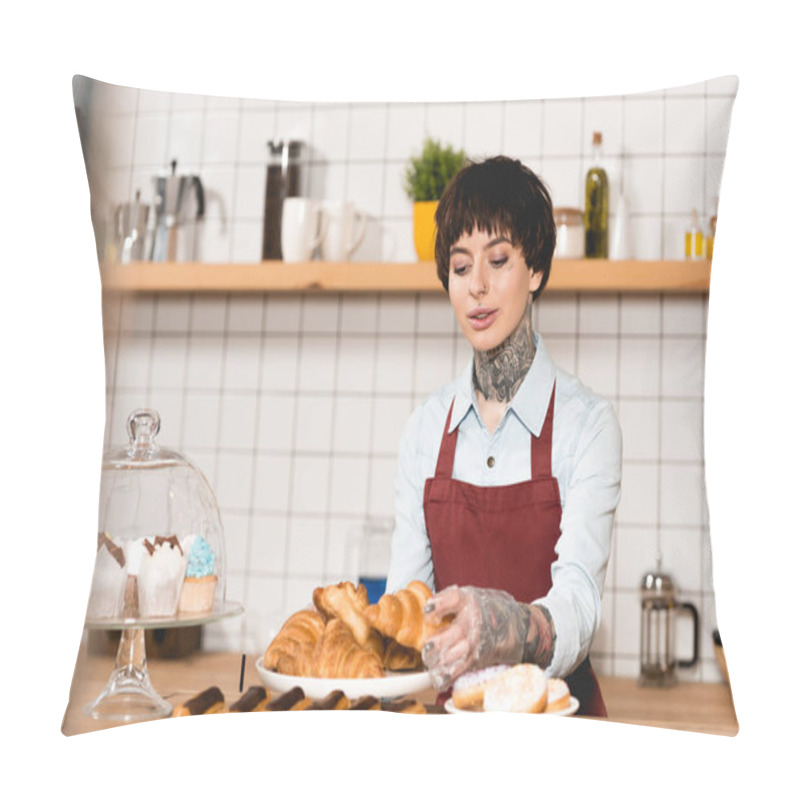 Personality  Selective Focus Of Beautiful Barista Standing Near Bar Counter With Tasty Bakery Pillow Covers