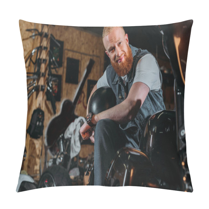 Personality  Bearded Young Man Sitting On Bike With Helmet At Garage Pillow Covers