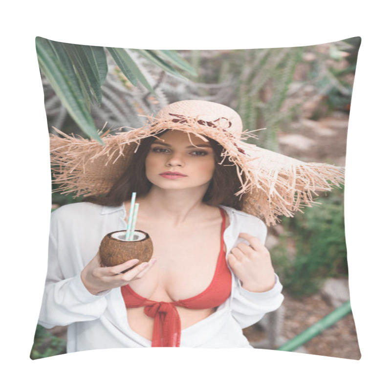 Personality  Beautiful Girl In Summer Outfit And Straw Hat Posing With Coconut Cocktail Pillow Covers