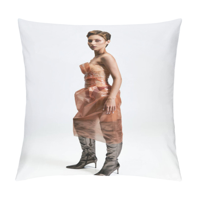 Personality  A Woman In A Sustainable Fashion Dress Made Of Plastic. Pillow Covers