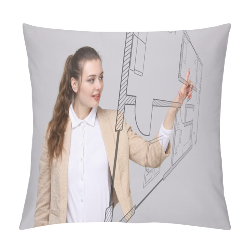 Personality  Female Architect Working With A Virtual Apartment Plan Pillow Covers